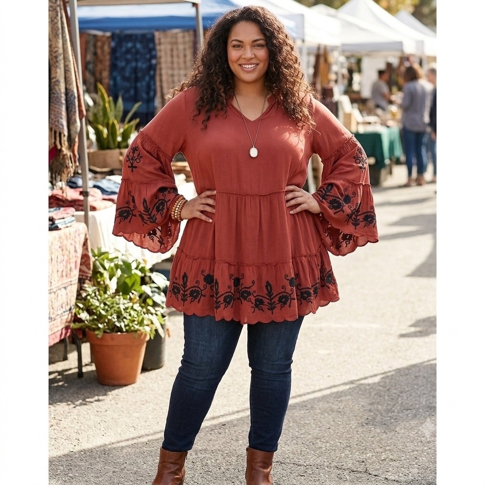 Angel Heart Boutique Burgundy Embroidered Tiered Bell Sleeve Tunic Top 1X